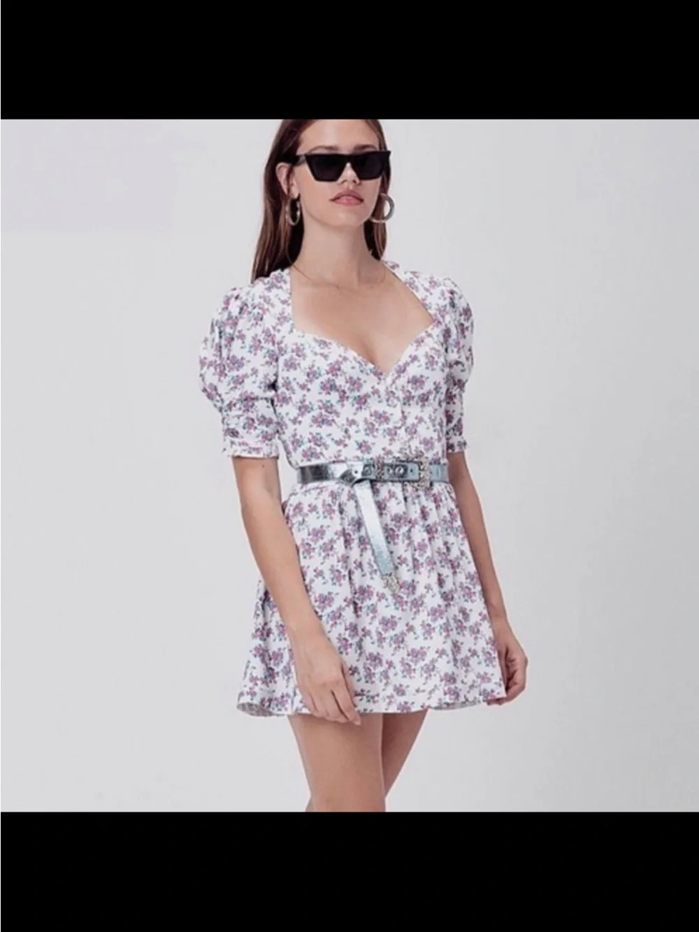 For love & lemons Floral Puff-Sleeve Mini Dress in White and Pink - Picture 4 of 8